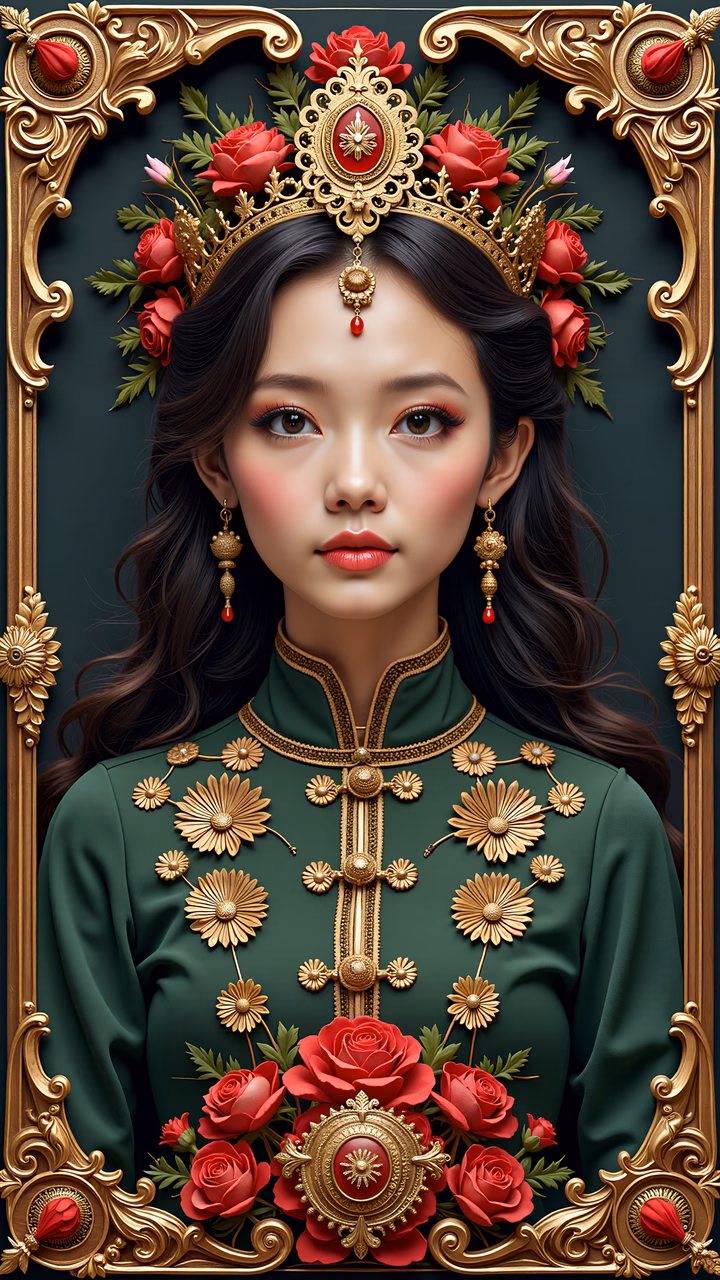 Elegant royal portrait with intricate green attire and golden floral details.