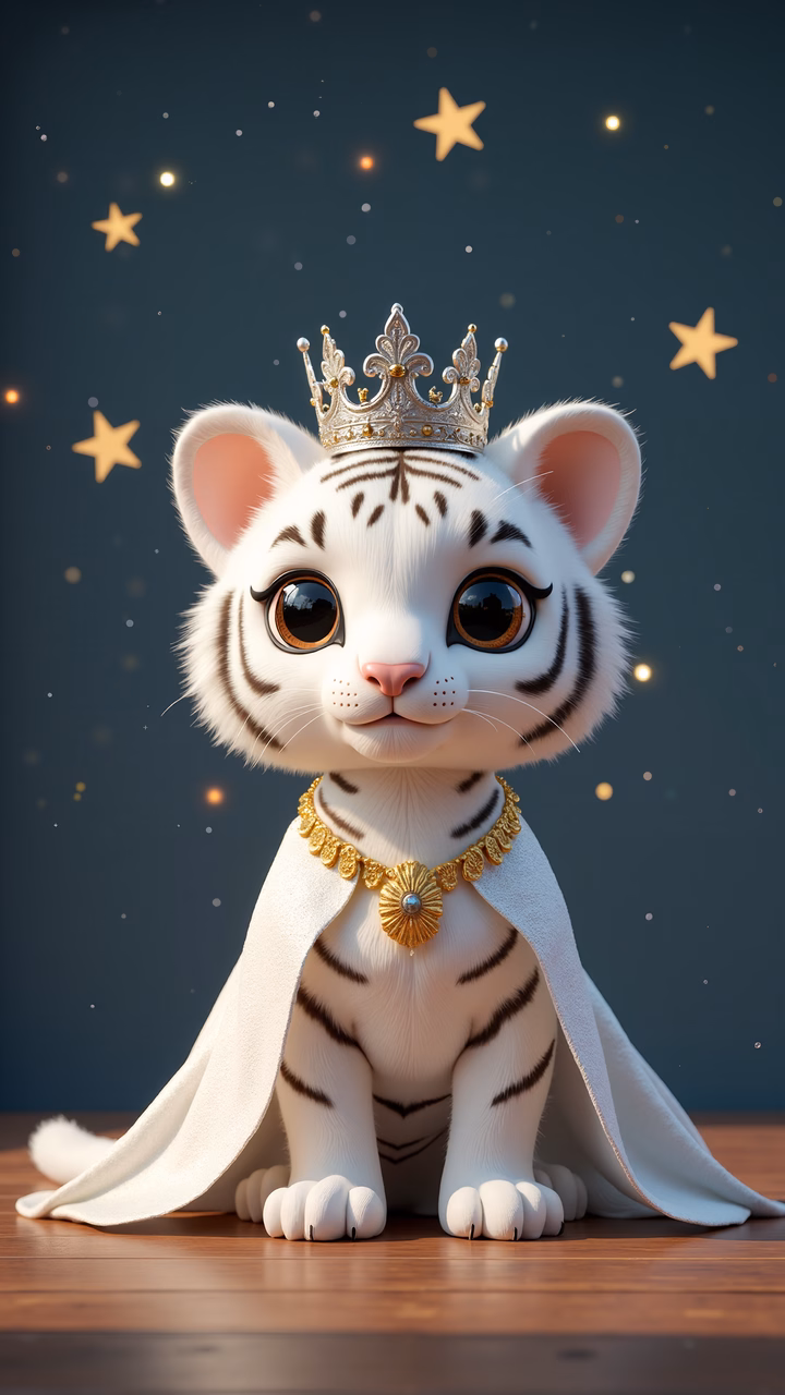 A royal white tiger wearing a crown and necklace against a starlit backdrop.