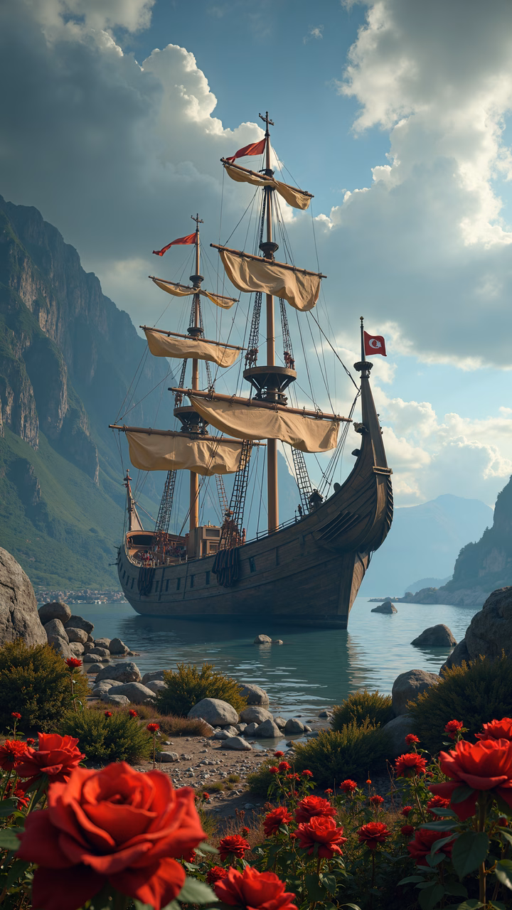 A serene sailing ship amidst lush landscapes and vibrant roses.