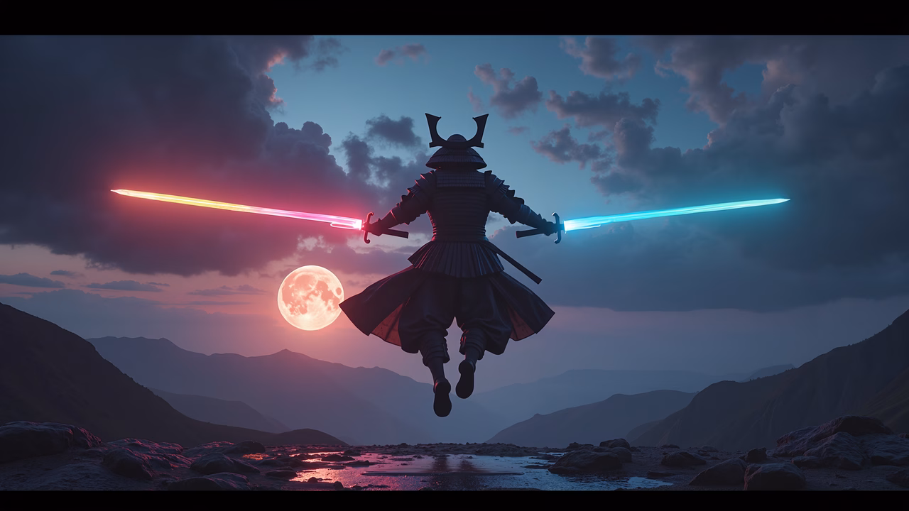 Dynamic samurai duel under neon lights at sunset