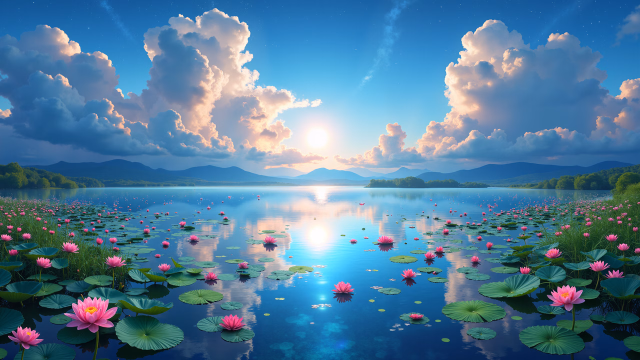 A serene lake at dawn with pink lotus flowers and fluffy clouds.