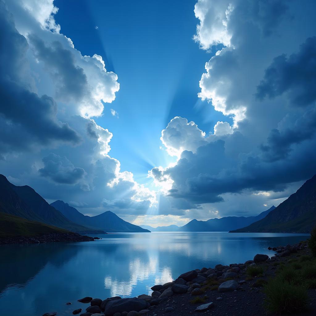 A serene lake reflecting the sky with soft clouds diffusing sunlight.