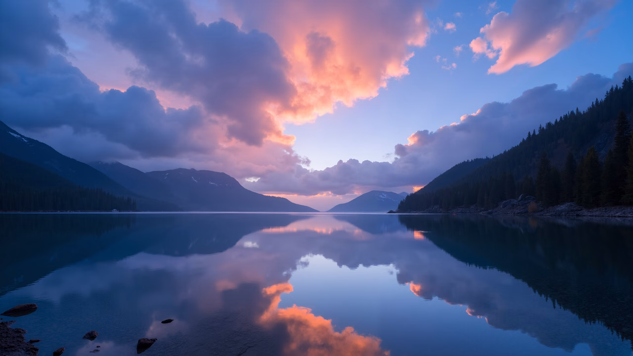 A breathtaking sunset reflected in a serene lake, surrounded by mountainous landscapes.