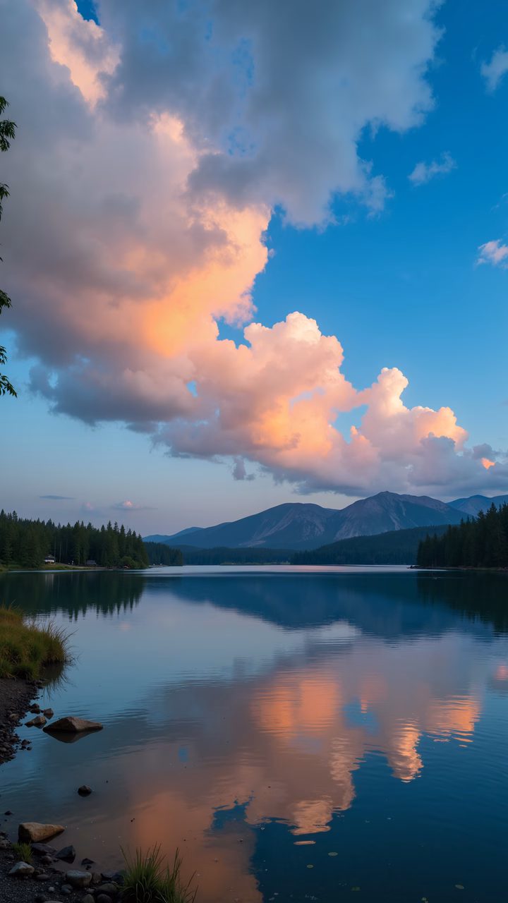 A breathtaking sunset over a serene lake surrounded by mountains and forest.