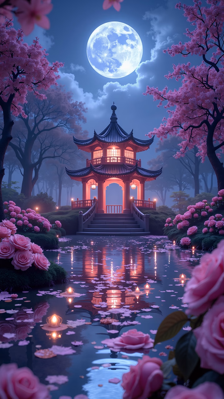 A moonlit pagoda amidst blooming flowers and floating candles.