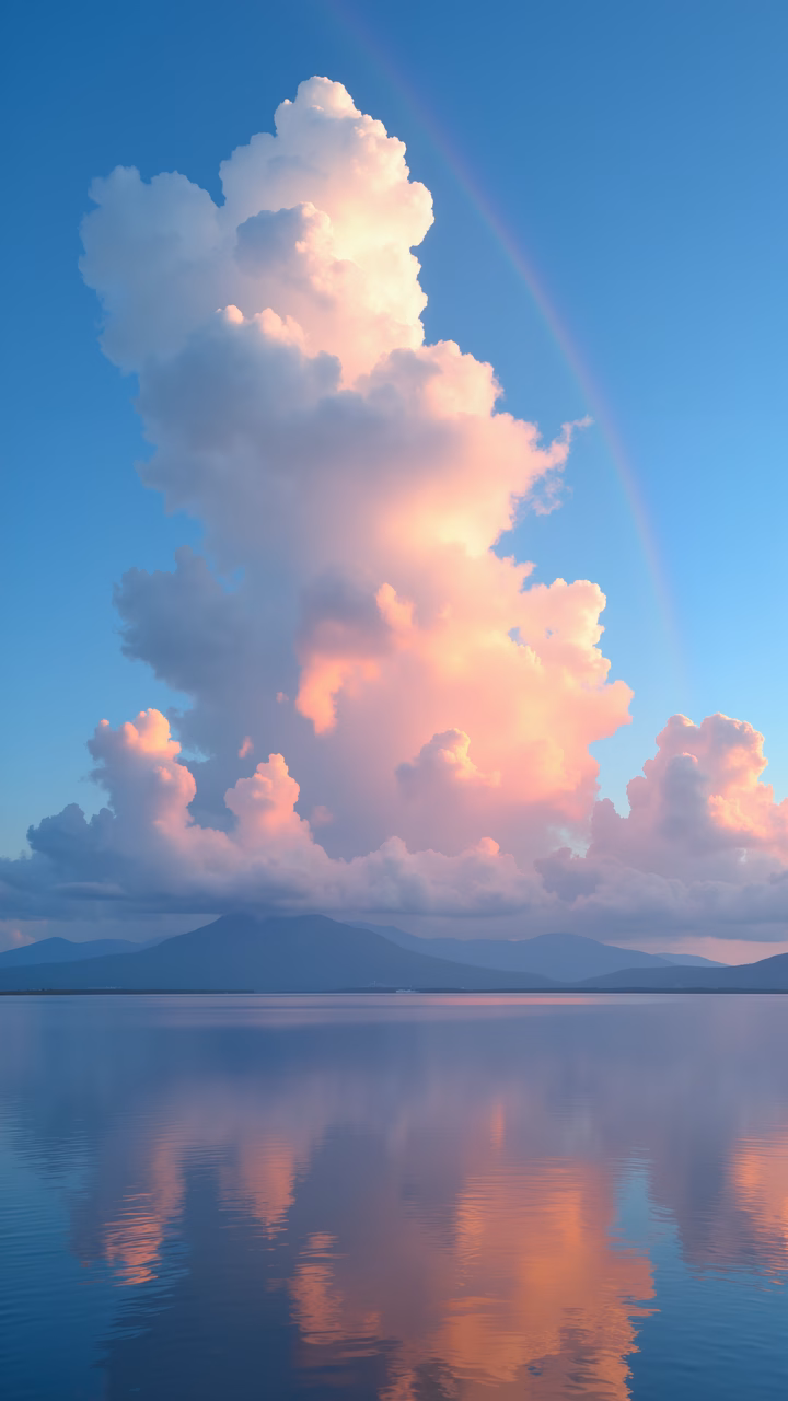 A serene sunset scene with vibrant reflections and a rainbow arching over the tranquil lake.
