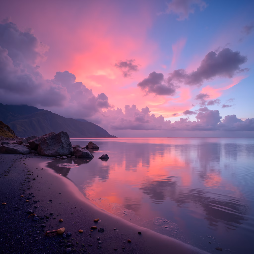 A peaceful sunset scene with vibrant reflections and rugged coastline.