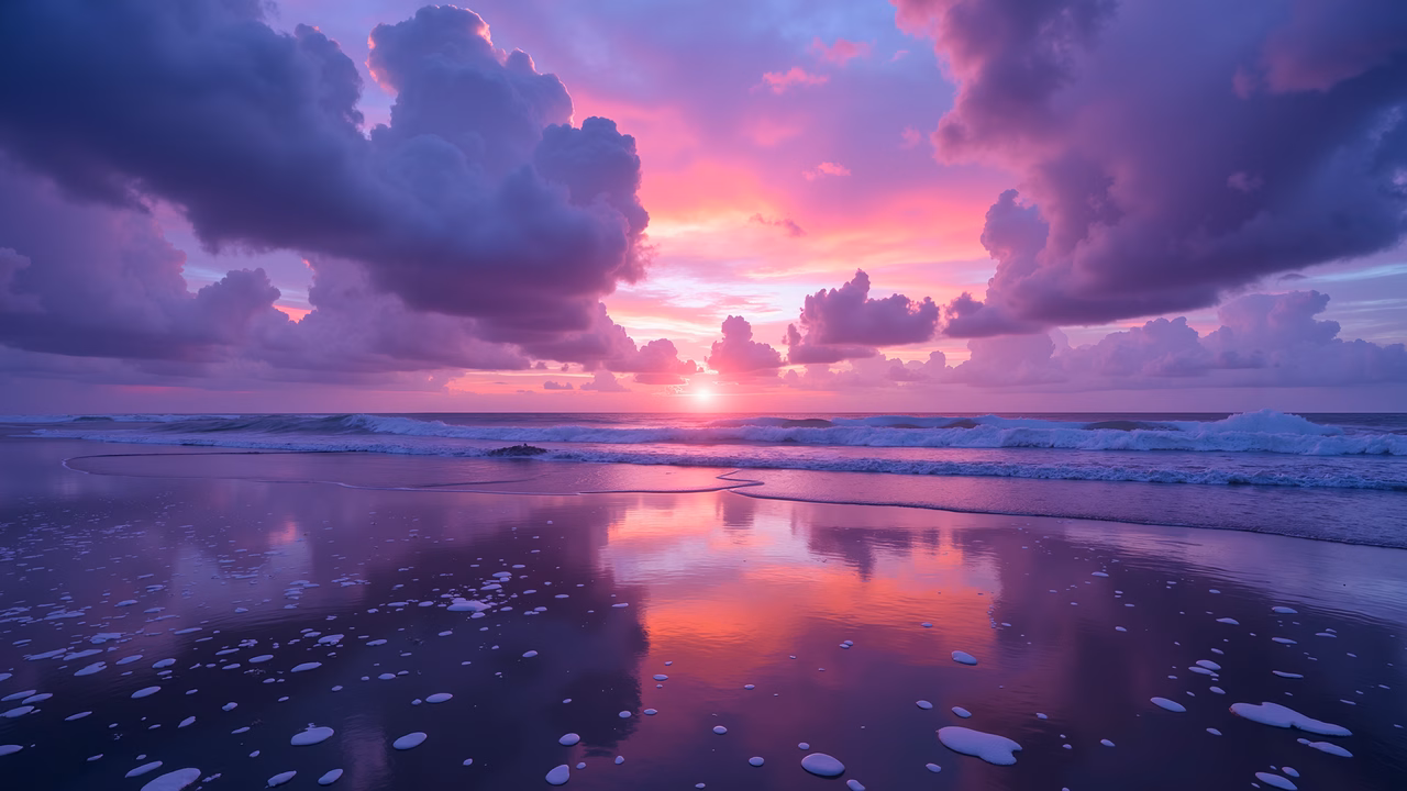 A serene sunset over a tranquil beach with vibrant colors and gentle waves.