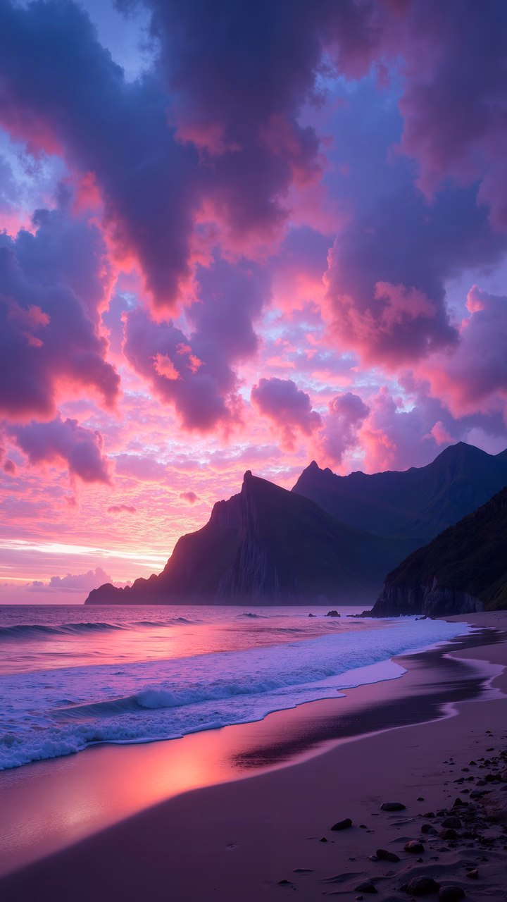 A serene sunset over a rugged coastline with vibrant colors and dramatic clouds.