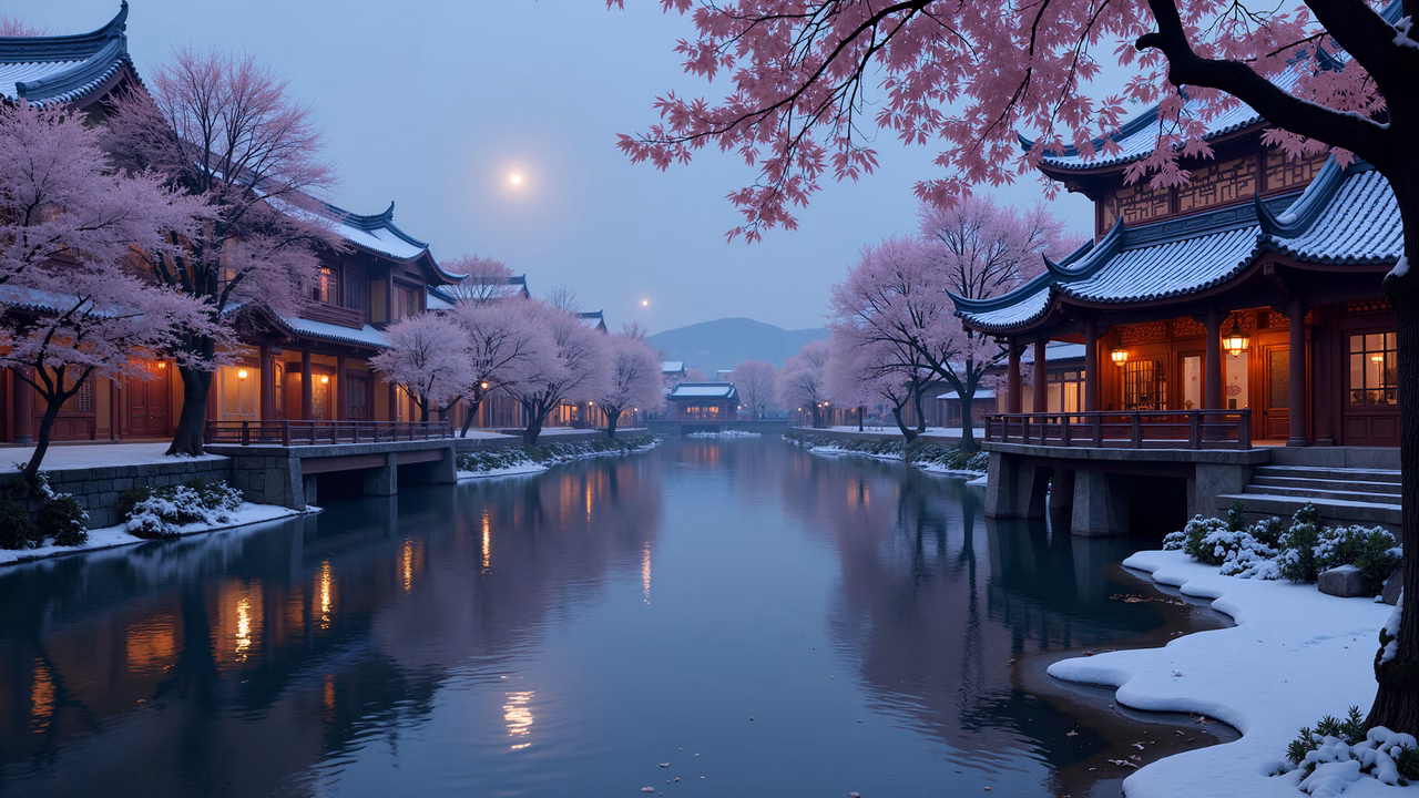 A tranquil snowy evening in a traditional architectural setting with cherry blossoms and reflective water.