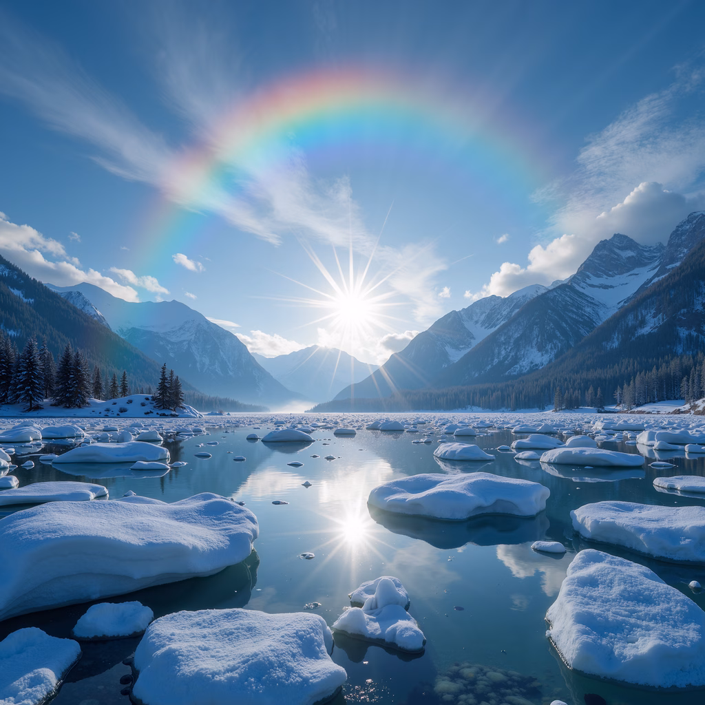 A stunning winter landscape with a rainbow over a snowy lake, capturing the beauty of nature.