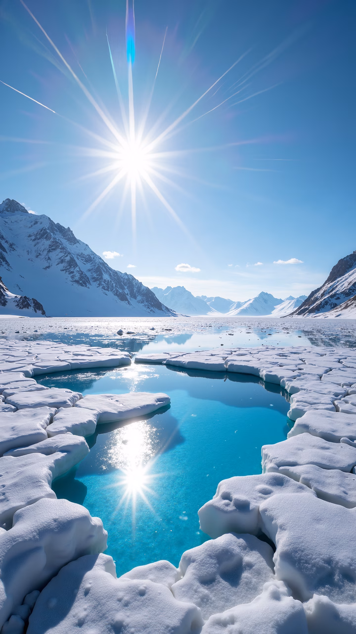 A tranquil snowy mountain lake under a radiant sunburst sky.