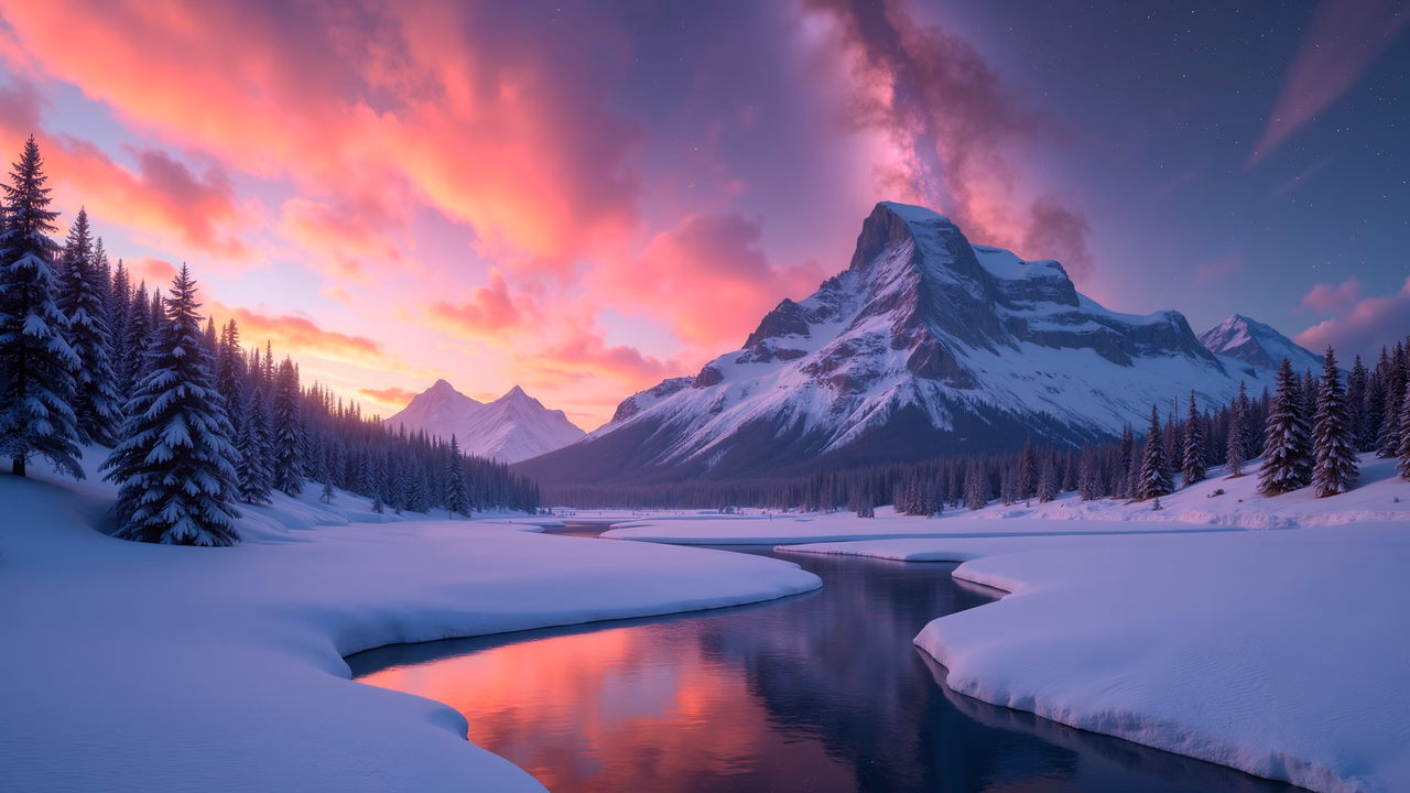 A picturesque winter landscape with a snowy mountain range and a reflective river at sunset.