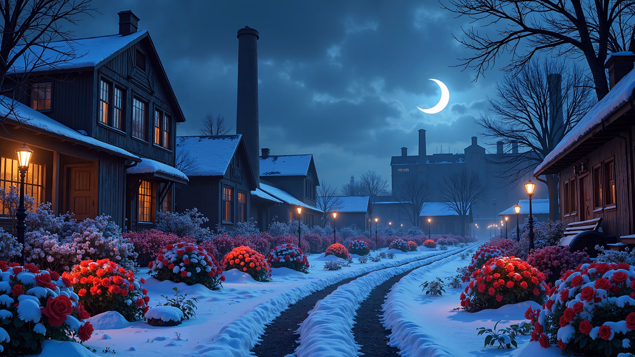 A peaceful winter night with snow-covered grounds and illuminated paths.