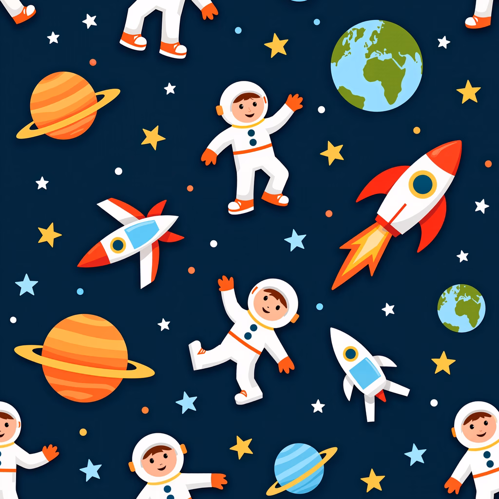 Brightly colored space adventure featuring astronauts and rockets.