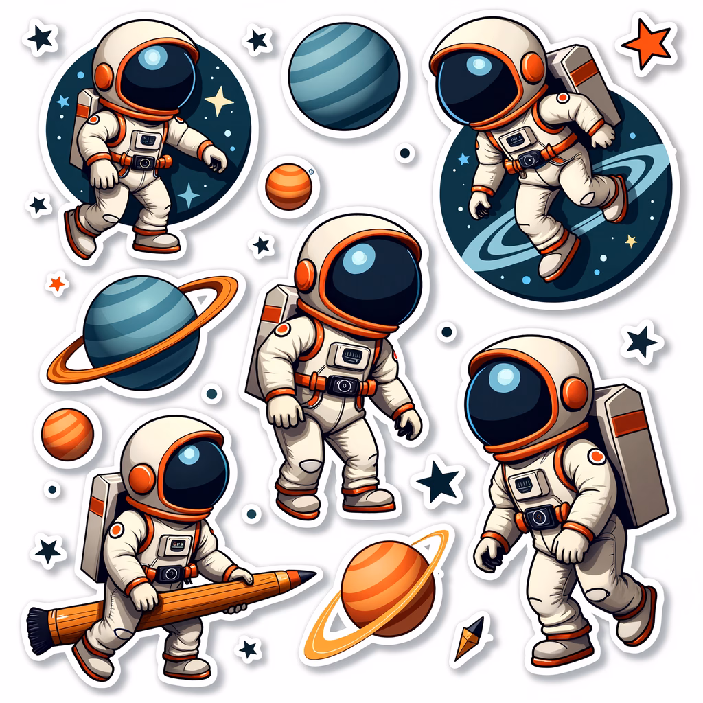 Vibrant space adventure illustration featuring astronauts and planets.