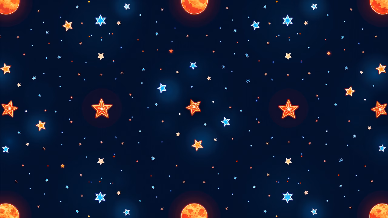A mesmerizing celestial scene with glowing stars and moons on a dark blue background.