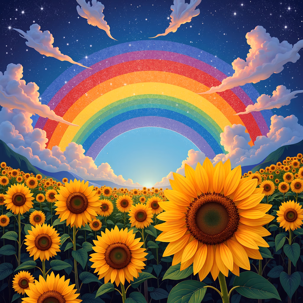 A magical sunflower field under a starlit sky with a rainbow arching overhead.