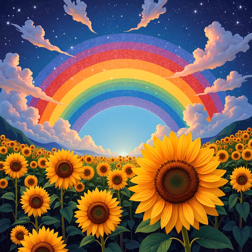 Sunflower Field Rainbow Illustration