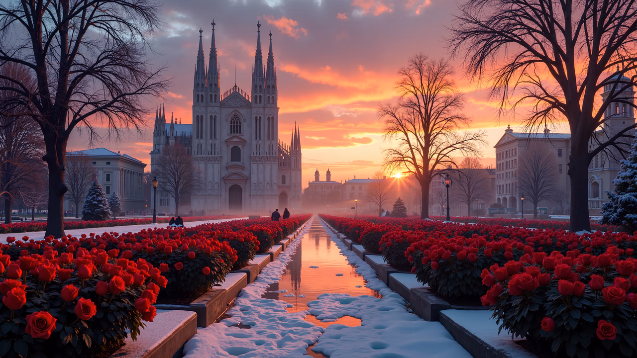Grand cathedral at sunset, vibrant roses, serene winter landscape