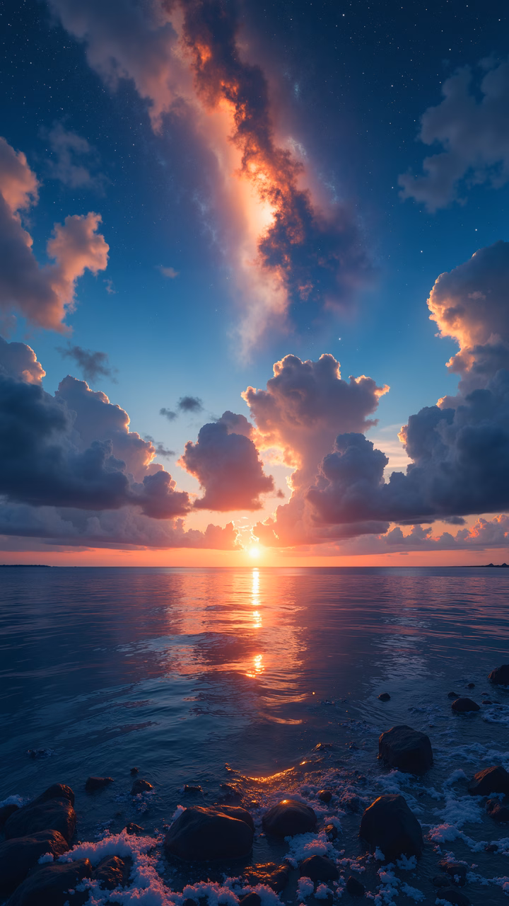 A stunning sunset over a peaceful sea, capturing the transition of colors from blue to orange.