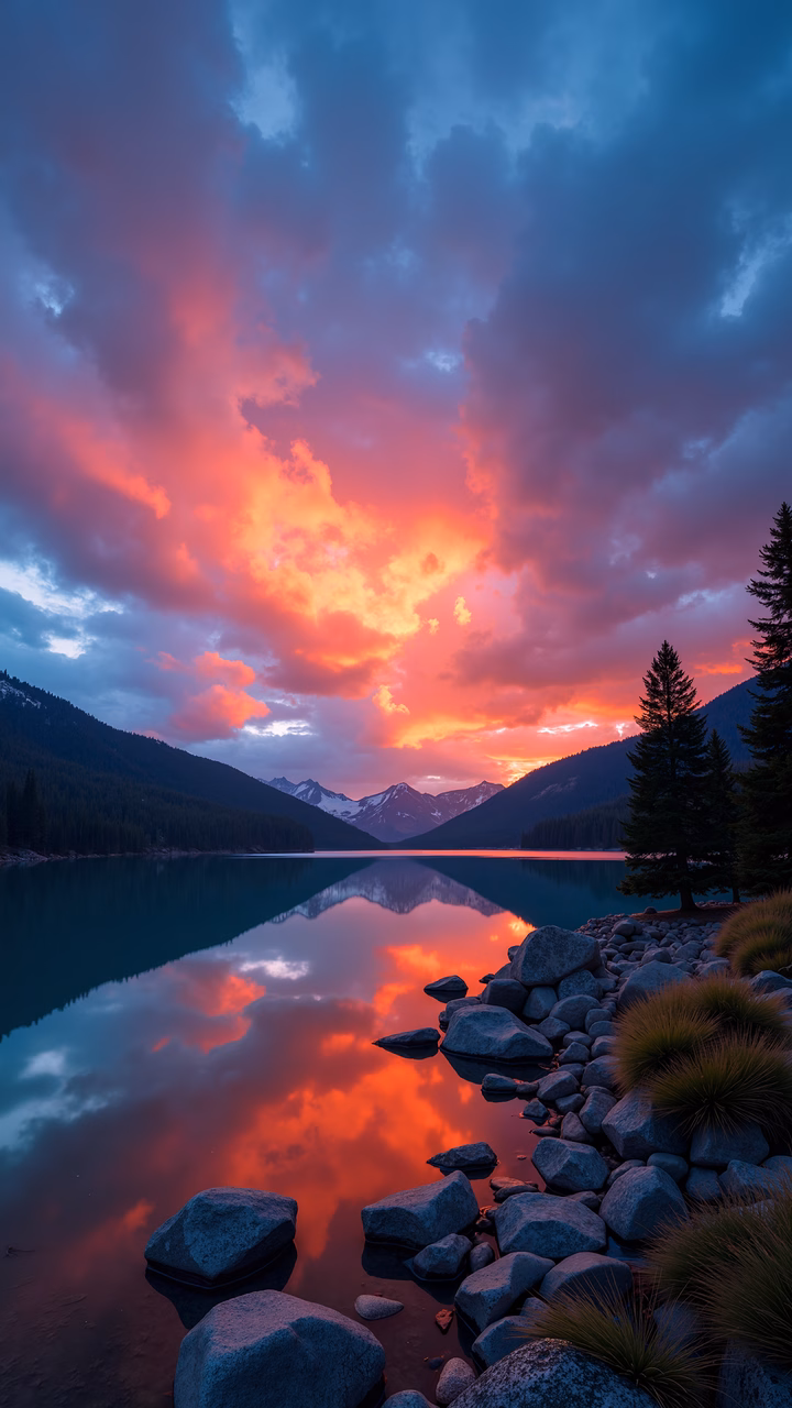 Serene sunset over a reflective lake with dramatic clouds and pine trees.