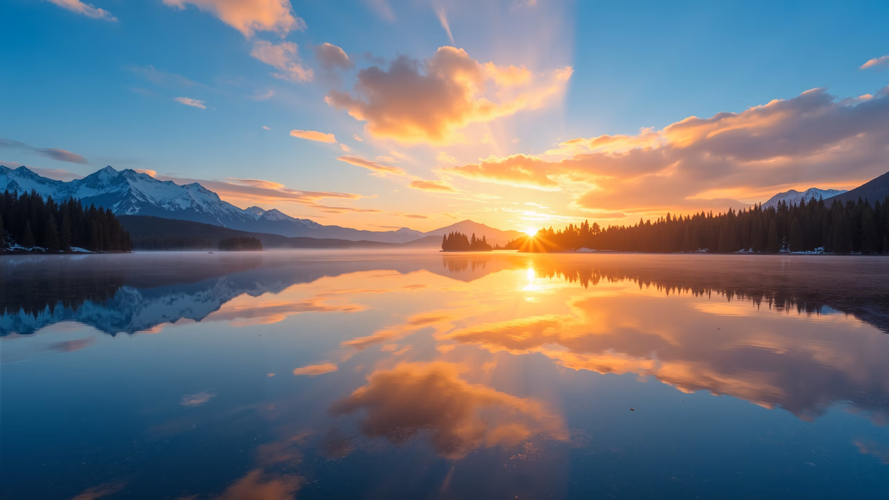 Serene sunset over a reflective lake, capturing the beauty of nature.