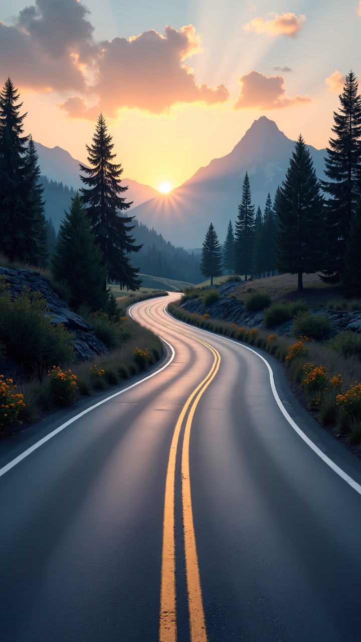 A picturesque sunset over a winding road surrounded by pine trees and mountains.