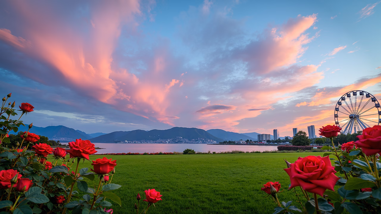 A picturesque sunset scene with vibrant roses and a Ferris wheel.
