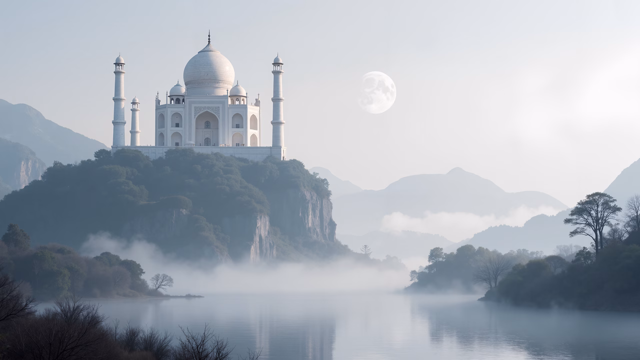 Mystical moonlit Taj Mahal reflected in serene waters, evoking tranquility and wonder.