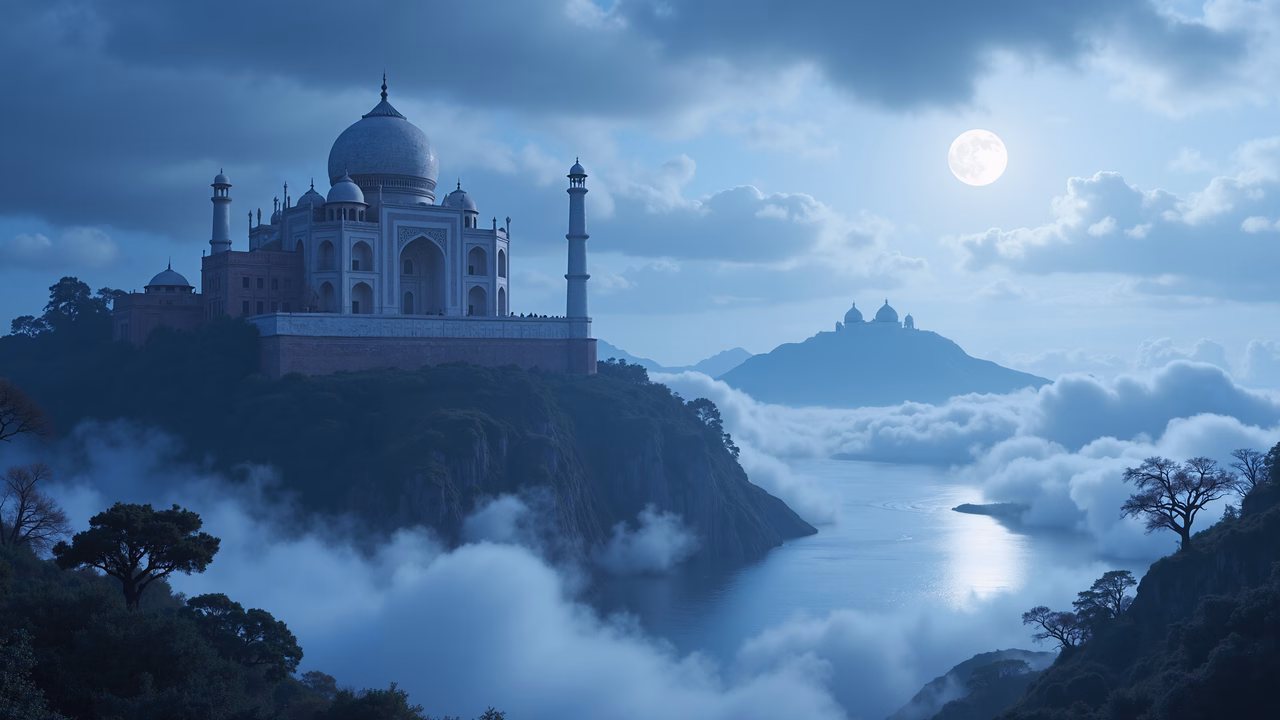 Elegant Taj Mahal under a moonlit sky, serene architecture amidst misty landscapes.