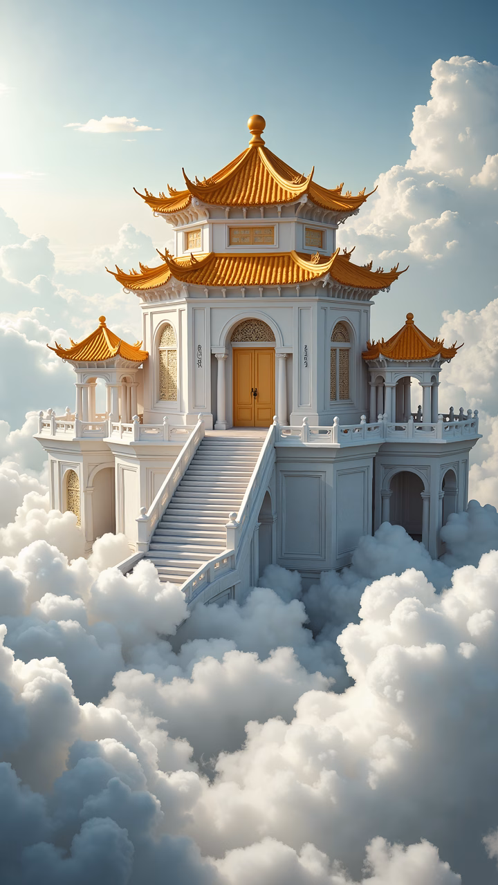 A tranquil temple amidst the clouds, blending traditional architecture with a dreamy aesthetic.