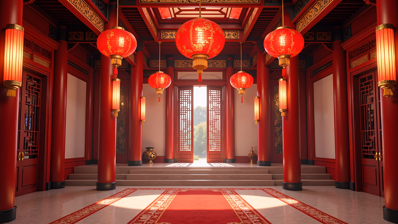 A beautifully illustrated traditional Chinese courtyard with rich red tones and intricate details.