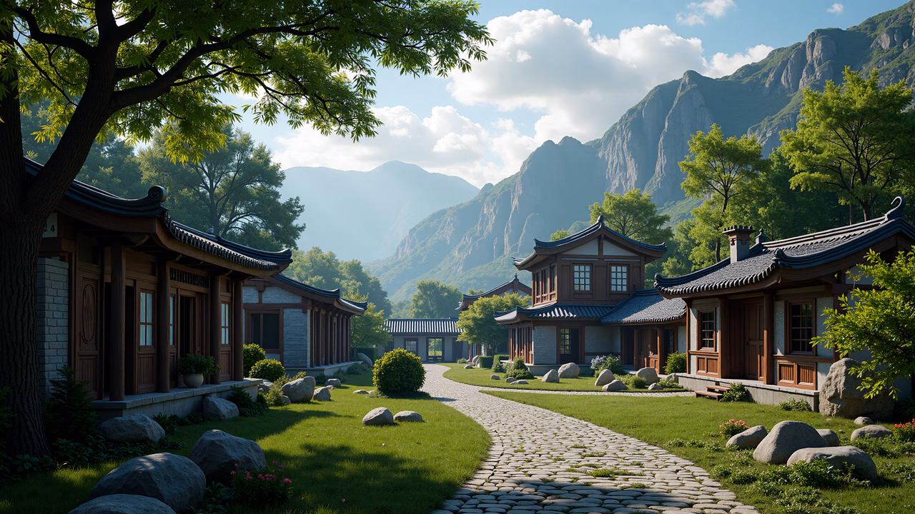 A tranquil traditional Chinese village with classic architecture and lush surroundings.