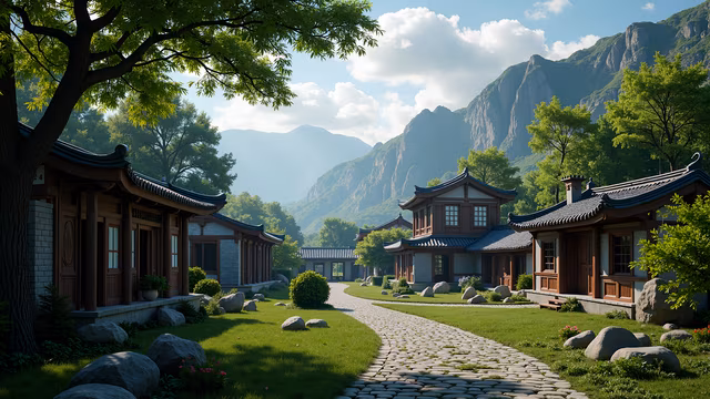Traditional Chinese Village Illustration