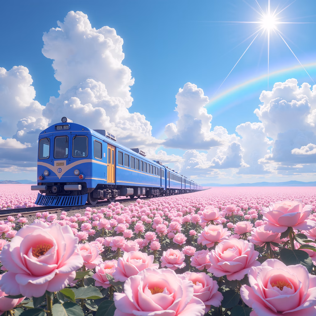 A tranquil train ride through a field of pink roses under a sunny sky.