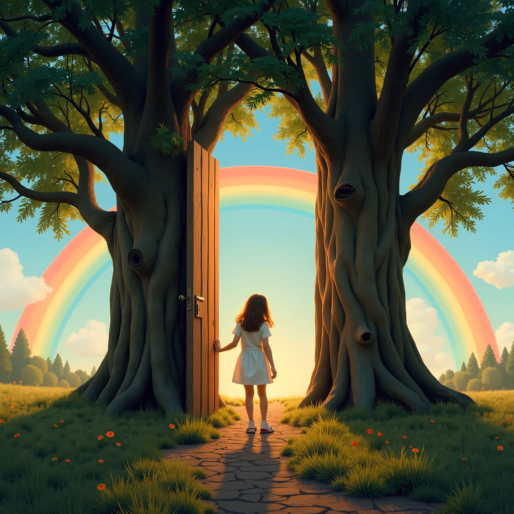 A child stands before a magical tree door, surrounded by nature and a double rainbow, evoking a sense of fantasy and wonder.
