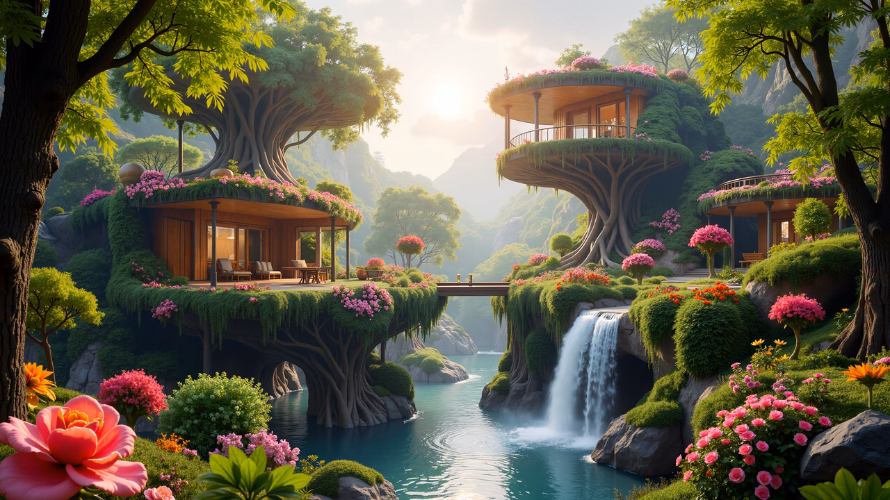 Enchanted treehouses in a lush fantasy landscape.