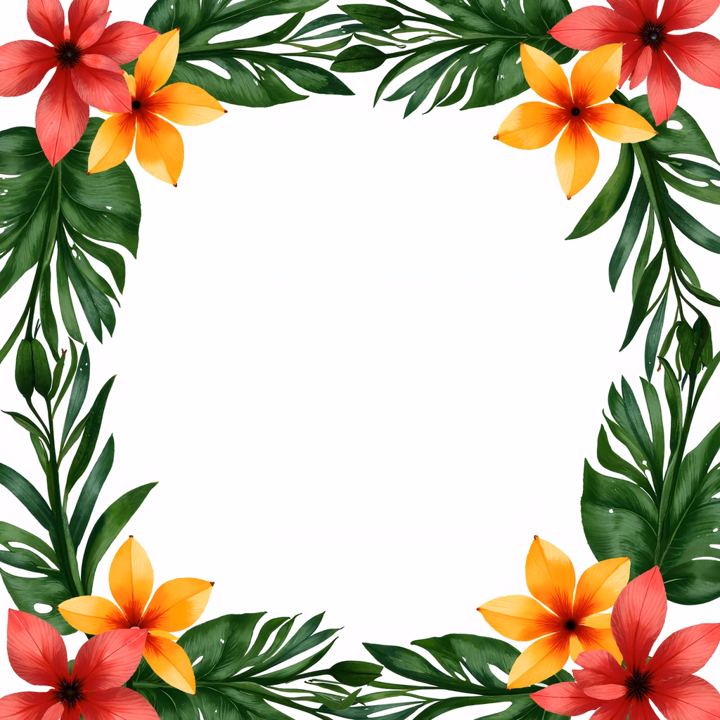 Vibrant tropical floral frame with bold colors and symmetrical design.