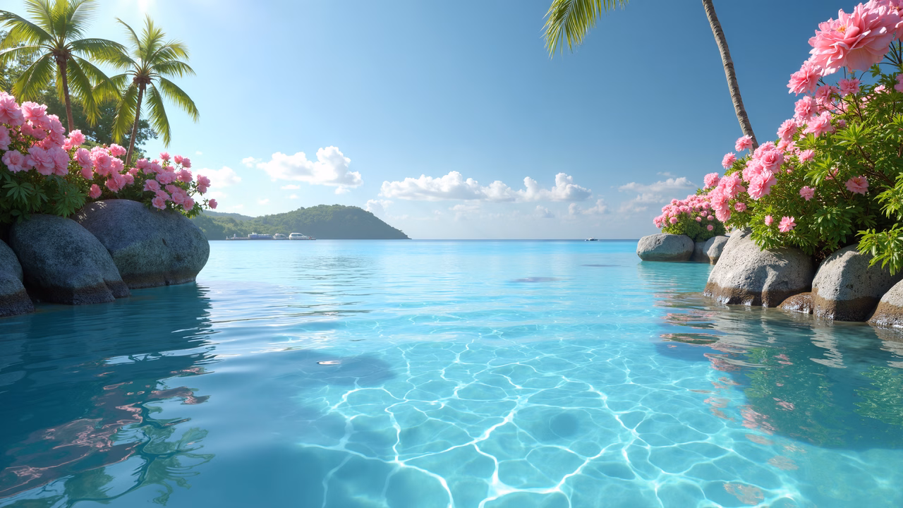 A tranquil tropical paradise with crystal-clear waters and lush vegetation.
