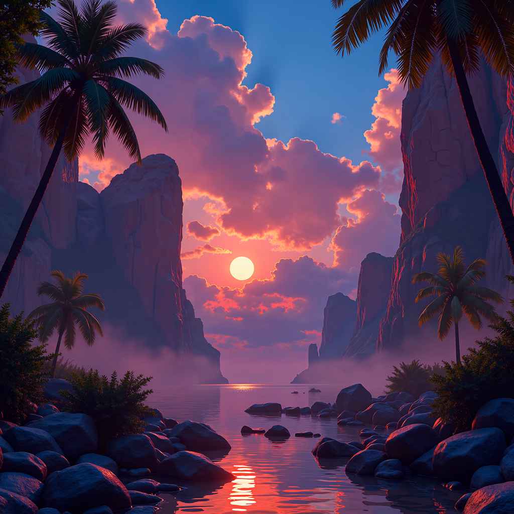 A tranquil tropical sunset with palm trees and rocky cliffs.