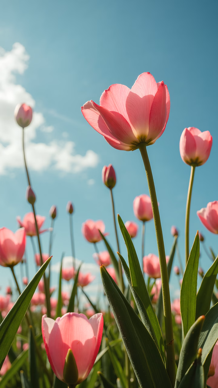 Bright pink tulips against a clear blue sky, evoking joy and tranquility.