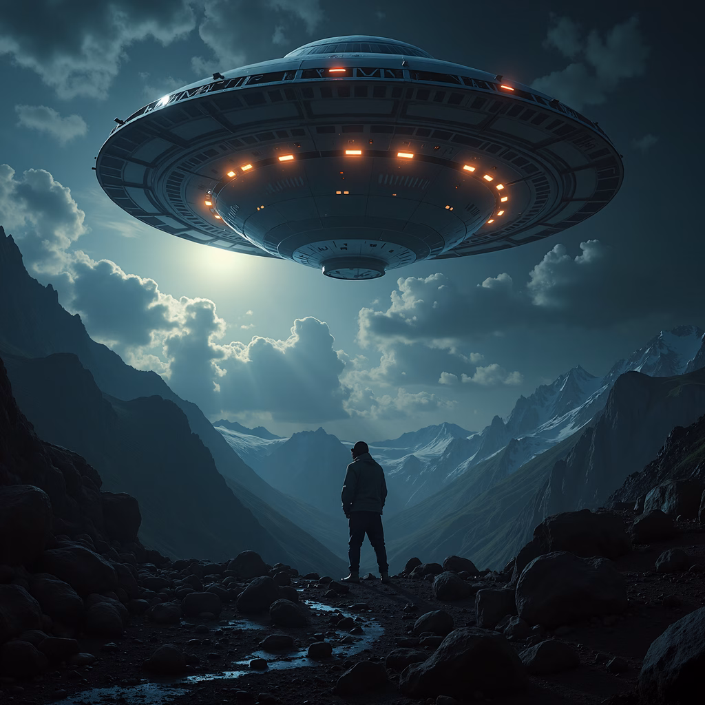 A solitary figure encounters a large UFO in a mountainous setting under a dramatic sky.