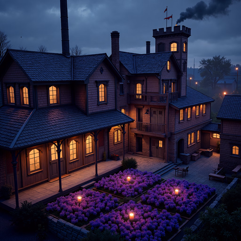 A Victorian mansion illuminated by evening light, showcasing architectural grandeur and serene beauty.