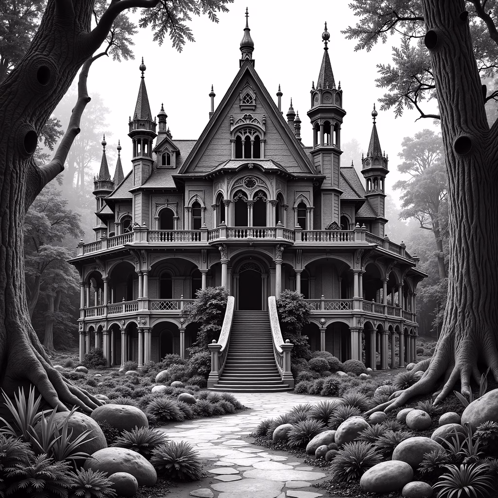 Elegant Victorian mansion surrounded by nature in black and white.