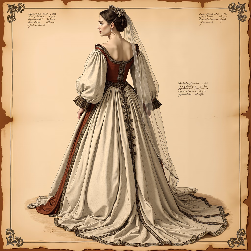 Vintage bridal gown in medieval-inspired design, elegant and romantic.
