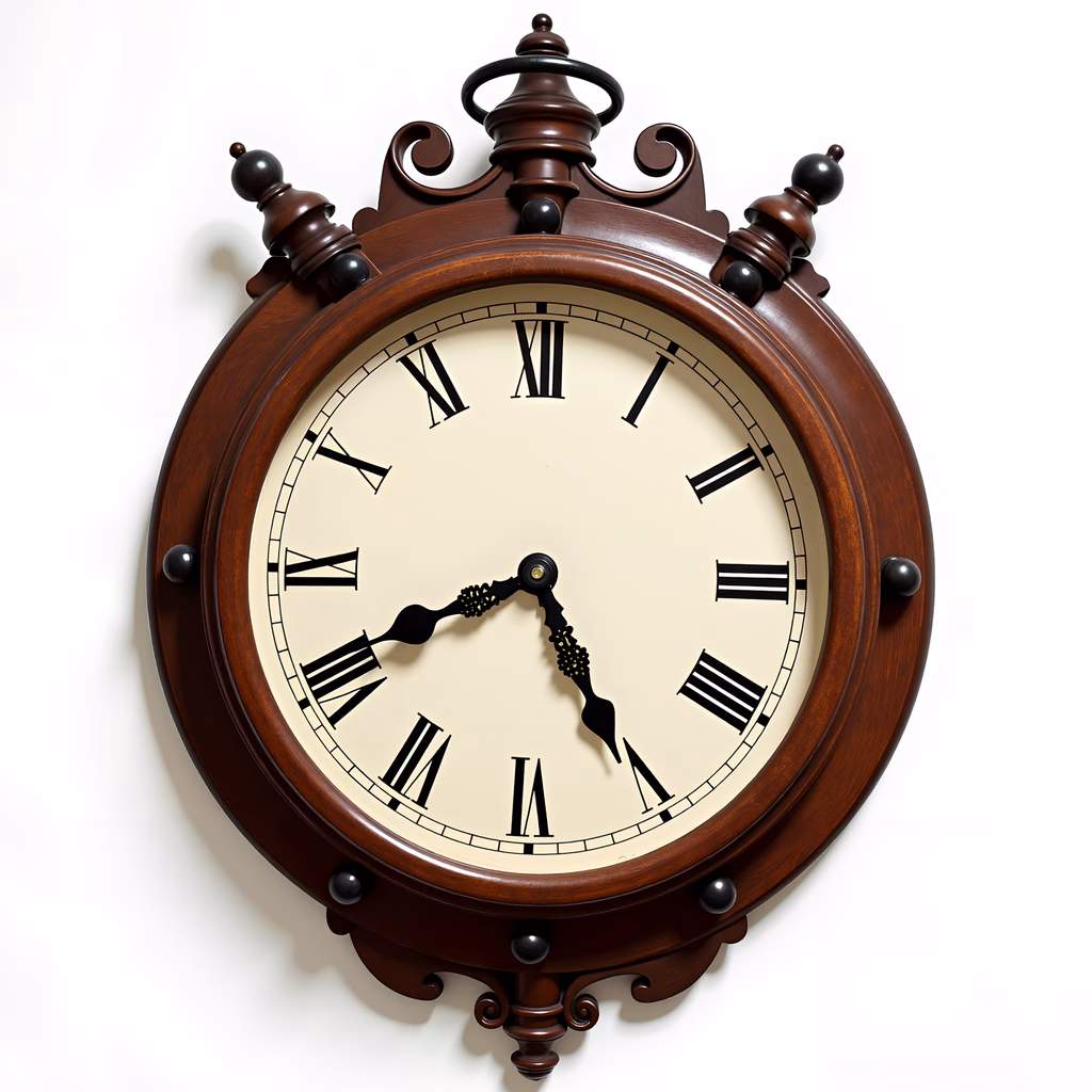 A beautifully detailed vintage wooden clock with Roman numerals and ornate carvings.