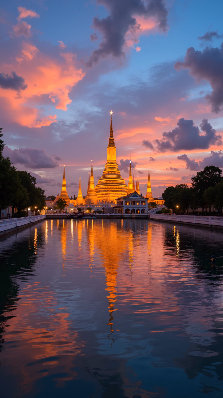 Golden pagoda reflecting in tranquil waters under a vibrant sunset sky.