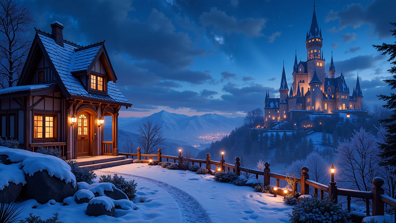 A cozy cottage and grand castle under a starlit winter sky.