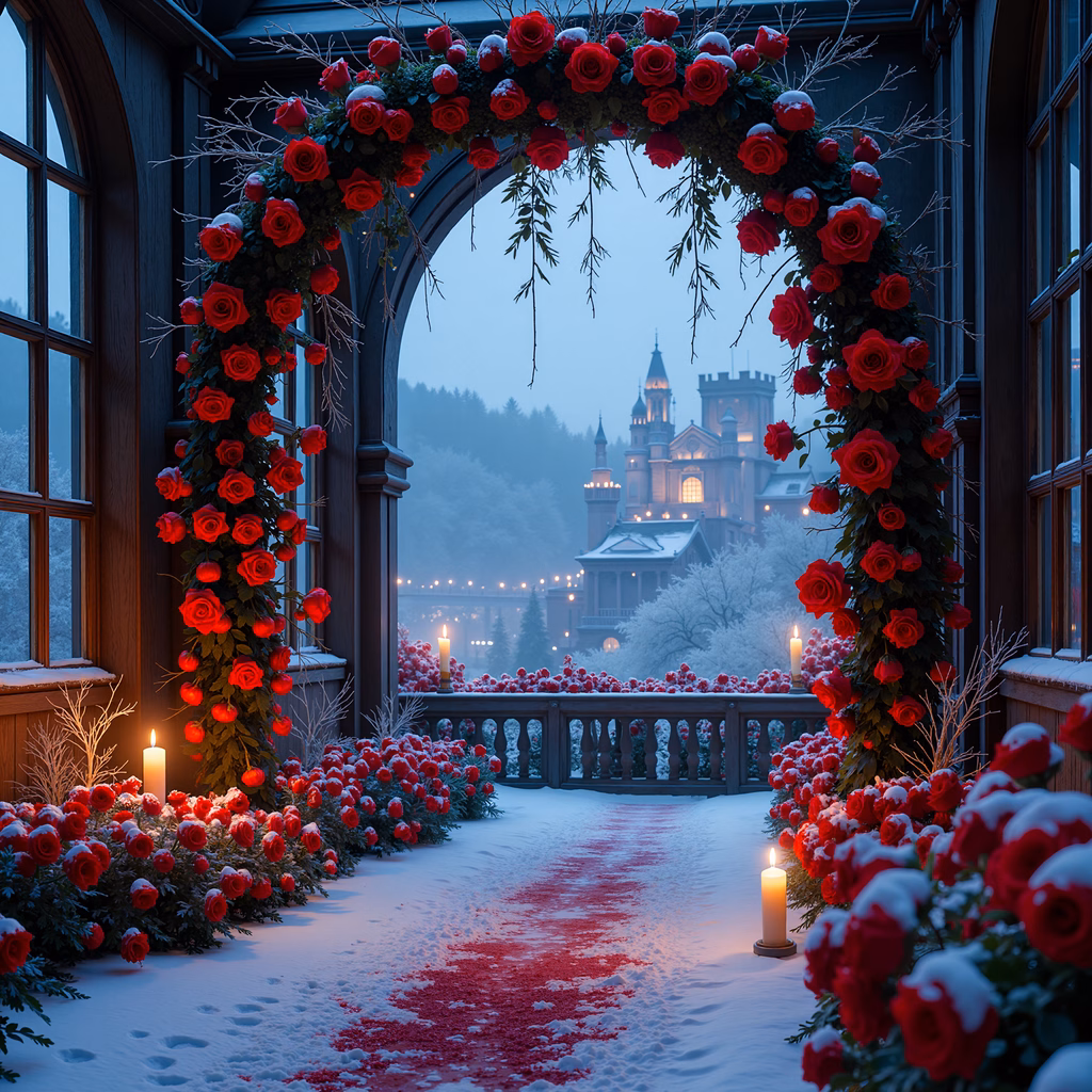 A romantic winter scene with red roses and a glowing castle.